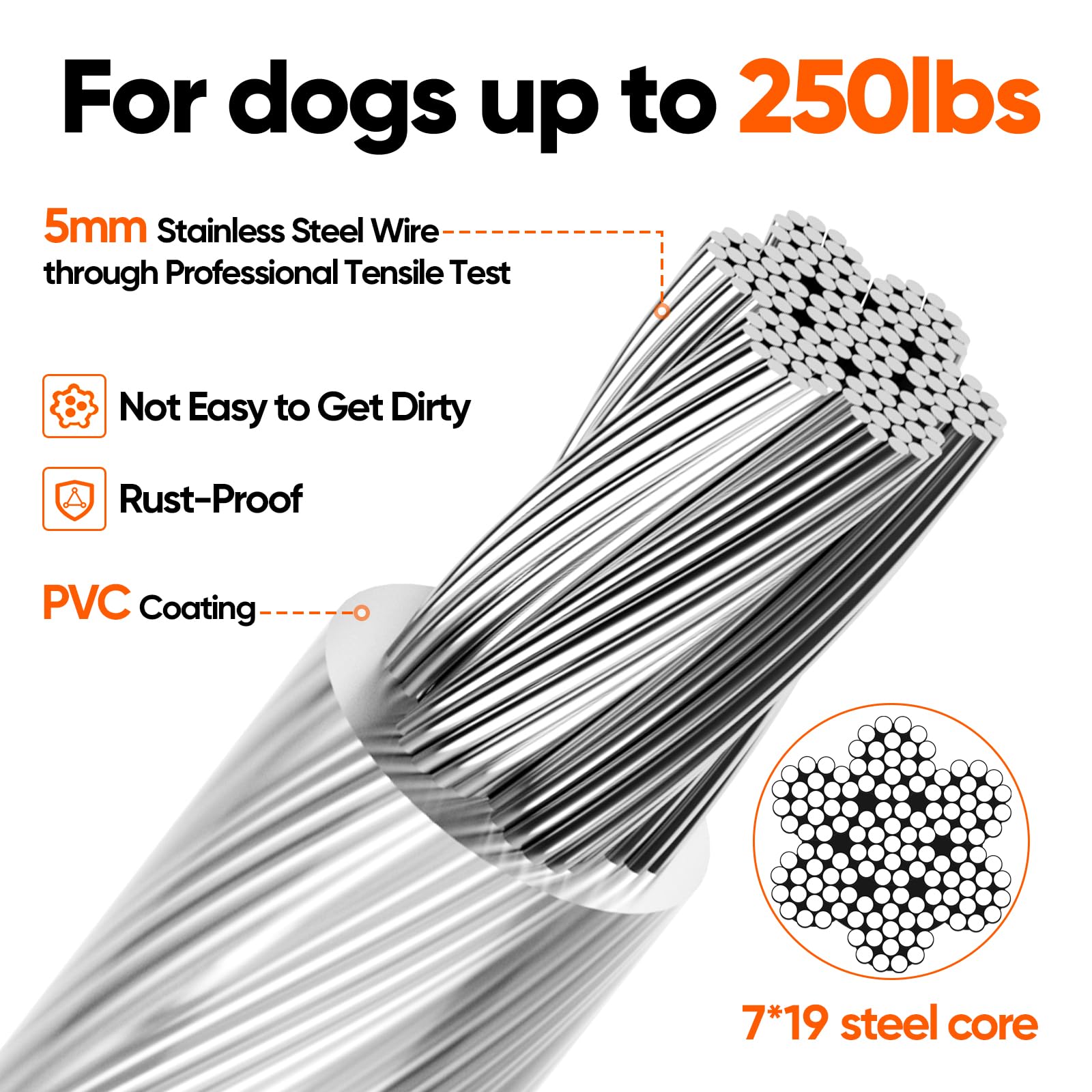 Tresbro 20Ft Reflective Tie Out Cable For Dogs Up To 250 Pounds, Steel Wire Lead Leash Cable With Stainless Dual Fix Buckle, Lig